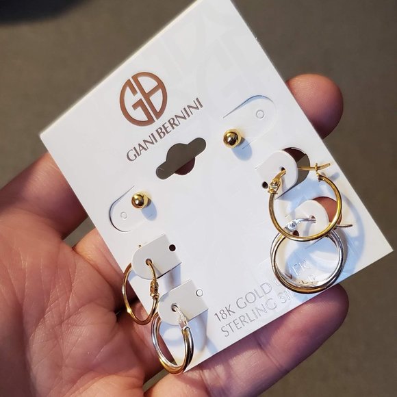 GIANI BERNINI 3PC. Set Small Hoop Ball Stud Earrings Sterling Silver & 18K Gold - Picture 7 of 8